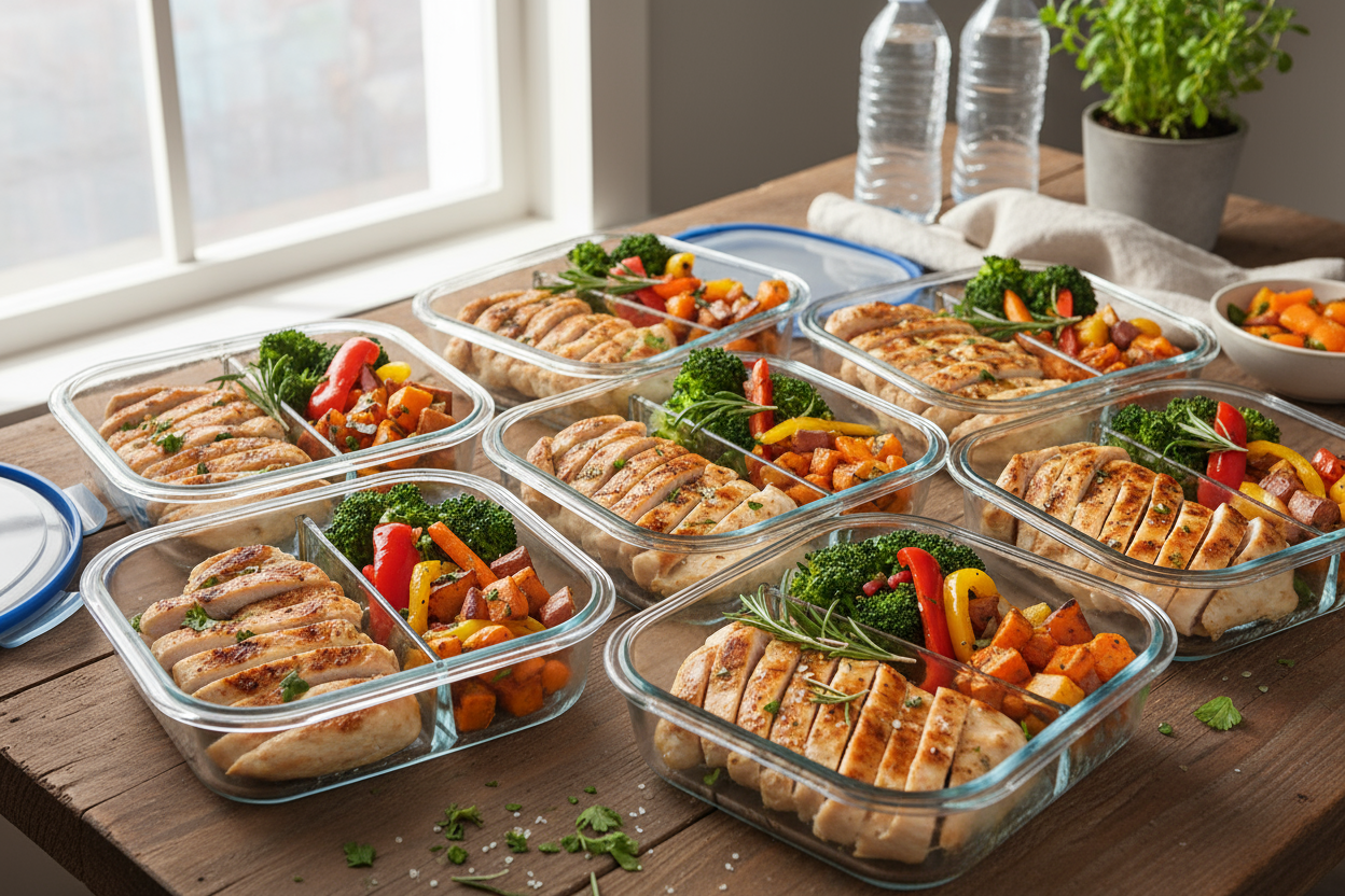 plates of healthy food, meat and veggies